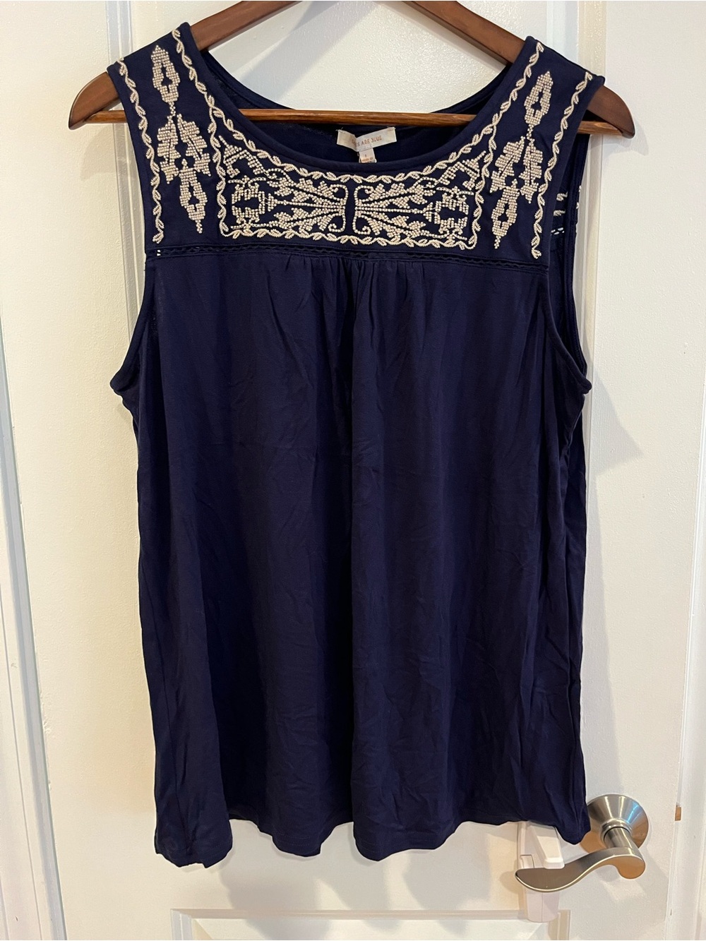 Skies Are Blue Navy Sleeveless Camisole with Cream Embroidered Yoke